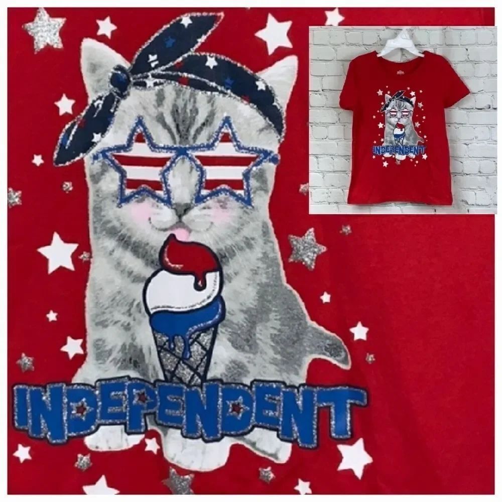 Girls M 7/8 Kitty Cat Glitter Tee Patriotic Celebrate Red White Blue T-Shirt